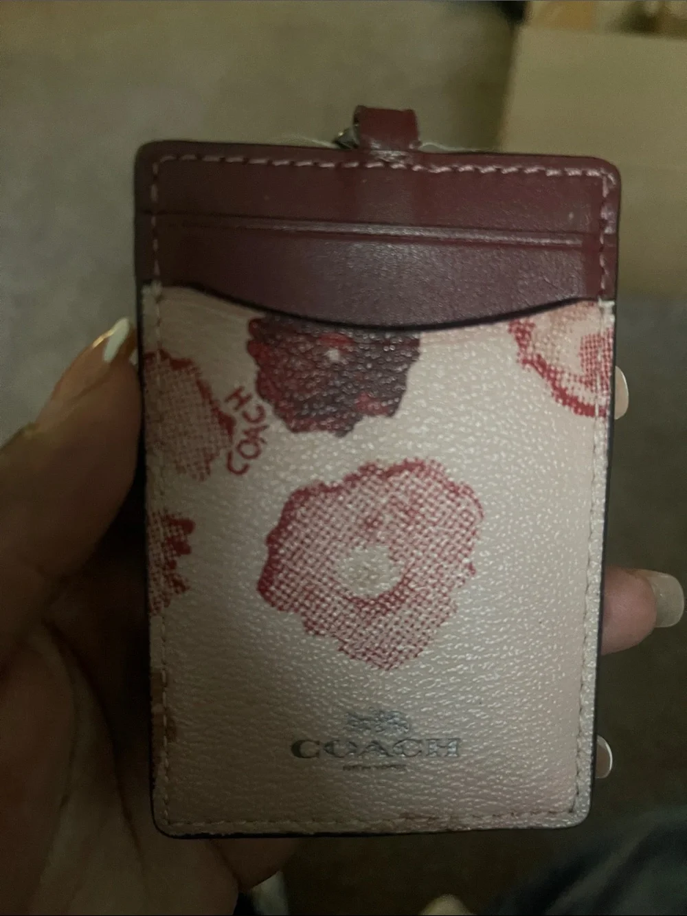 Coach Pink Floral Card & Key Holder with Burgundy Trim